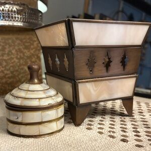 Vintage mother of pearl trinket box and vintage candle holder